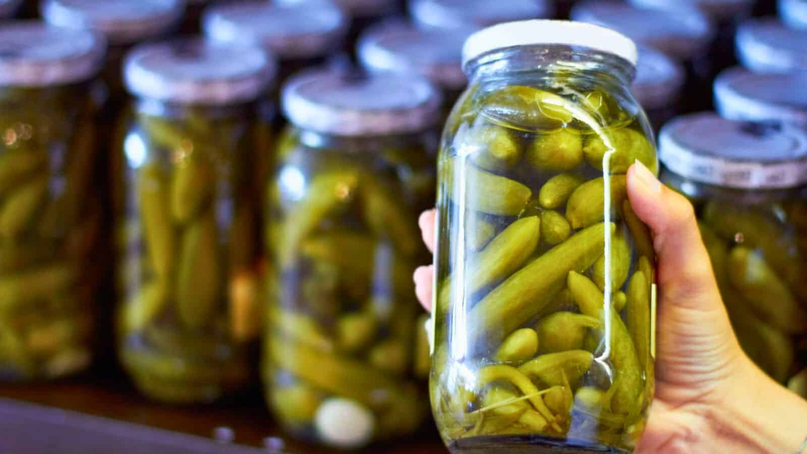 A hand holds a jar of pickles in front of a background filled with similar jars. The pickles are green and submerged in brine, and the jars have white lids.
