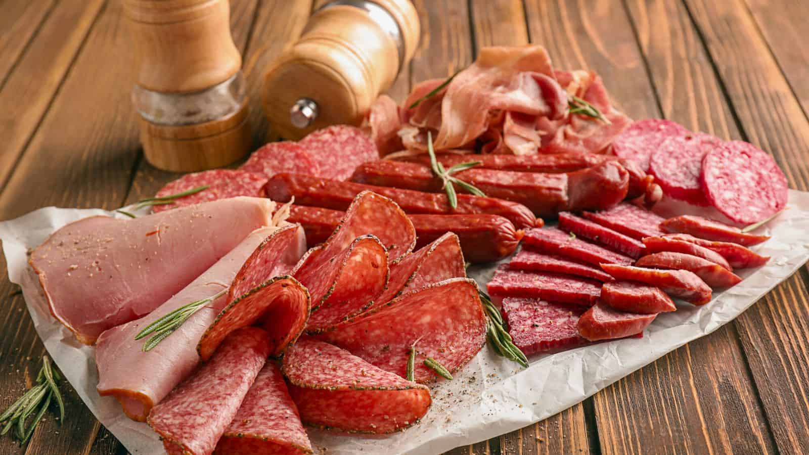 A wooden table features an assortment of sliced cured meats, including ham, salami, and sausages. There are sprigs of rosemary on the meats. A pepper grinder and a salt shaker are in the background.