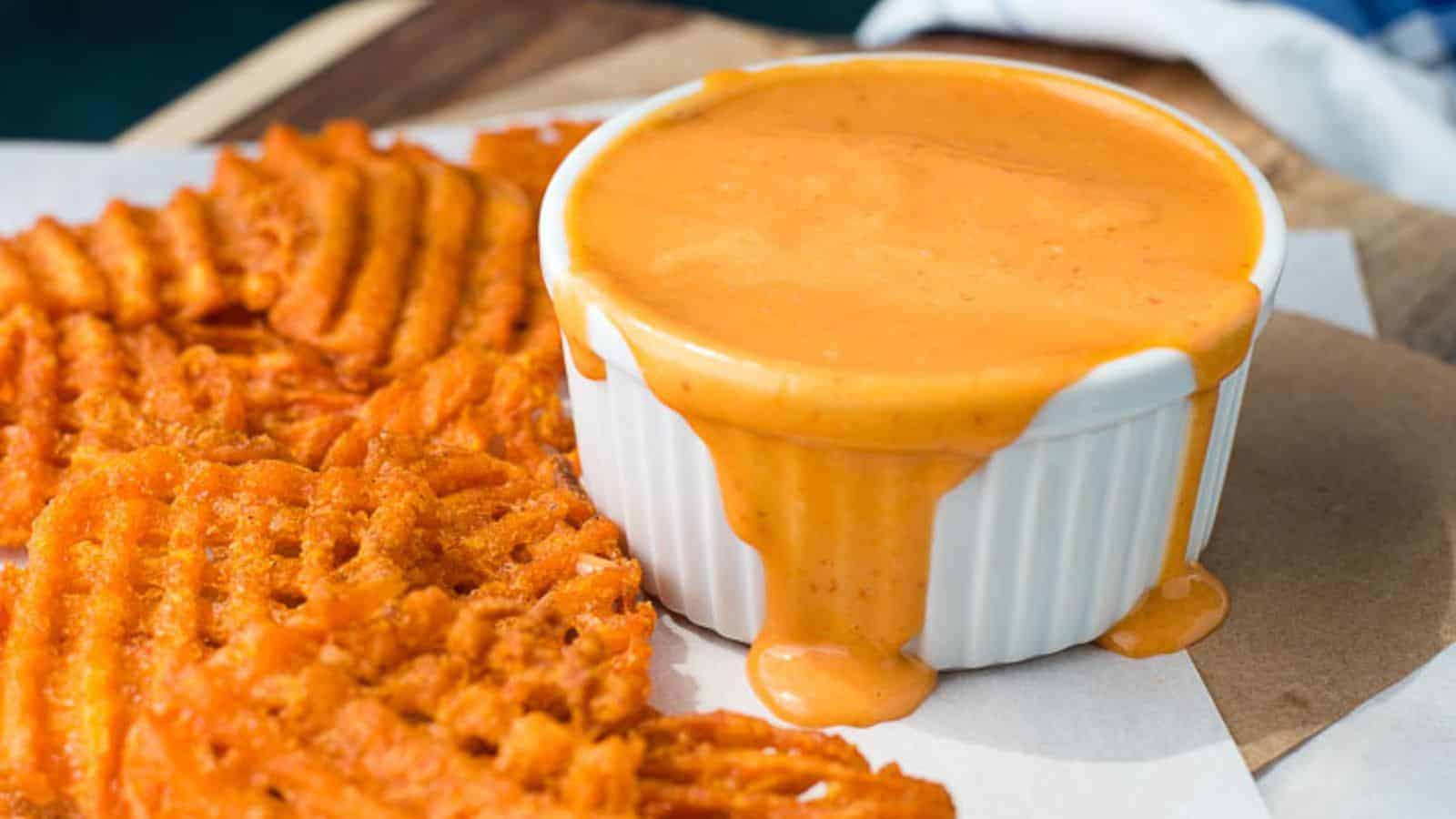 An overhead shot of spicy sweet sriracha sauce in a white ramekin next to a pile of sweet potato waffle fries on a wooden cutting board.