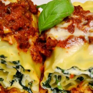 Two lasagna roll-ups filled with spinach and cheese are topped with tomato sauce and melted cheese. A fresh basil leaf garnishes the dish.