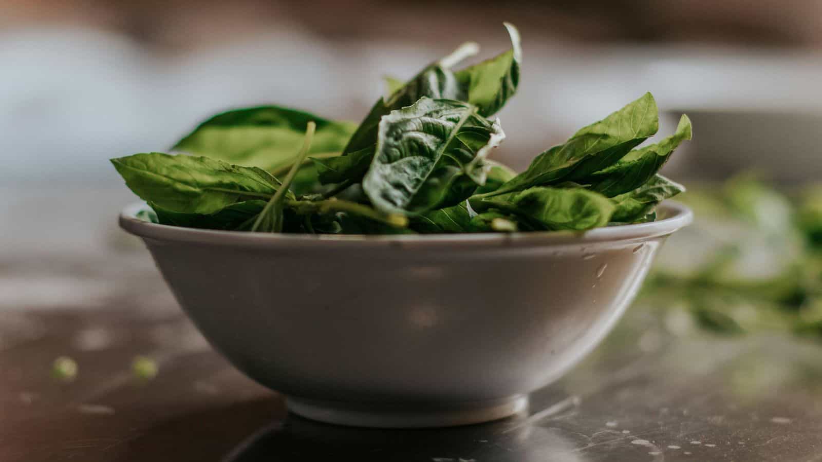 A white ceramic bowl is filled with fresh green basil leaves. The bowl is placed on a reflective surface, and the background is softly blurred, highlighting the texture and color of the leaves.