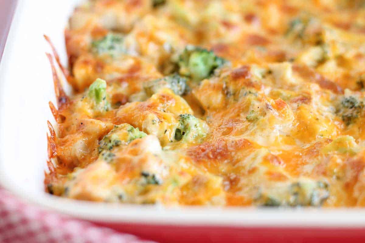 A chicken broccoli bake in a casserole dish.