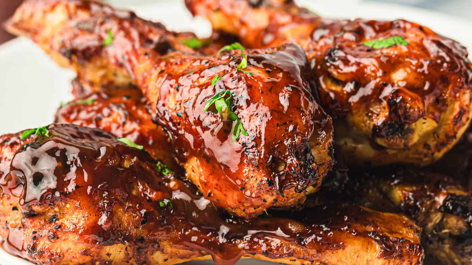 Close-up of grilled chicken drumsticks coated in a glossy barbecue sauce, garnished with small pieces of green herbs. The drumsticks are piled on a white plate.