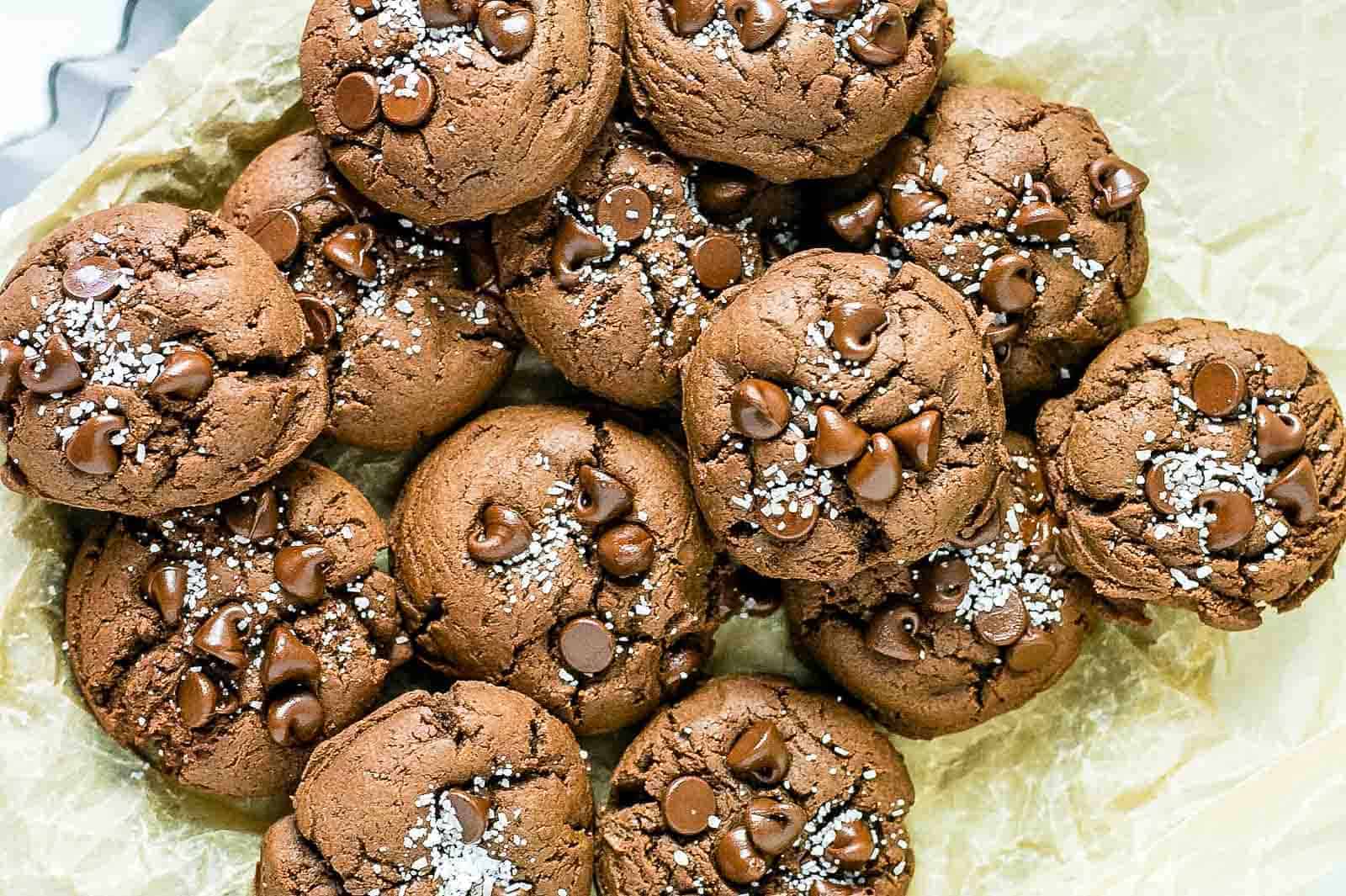 Horizontal overhead shot of a platter of chocolate chocolate chip cookies.