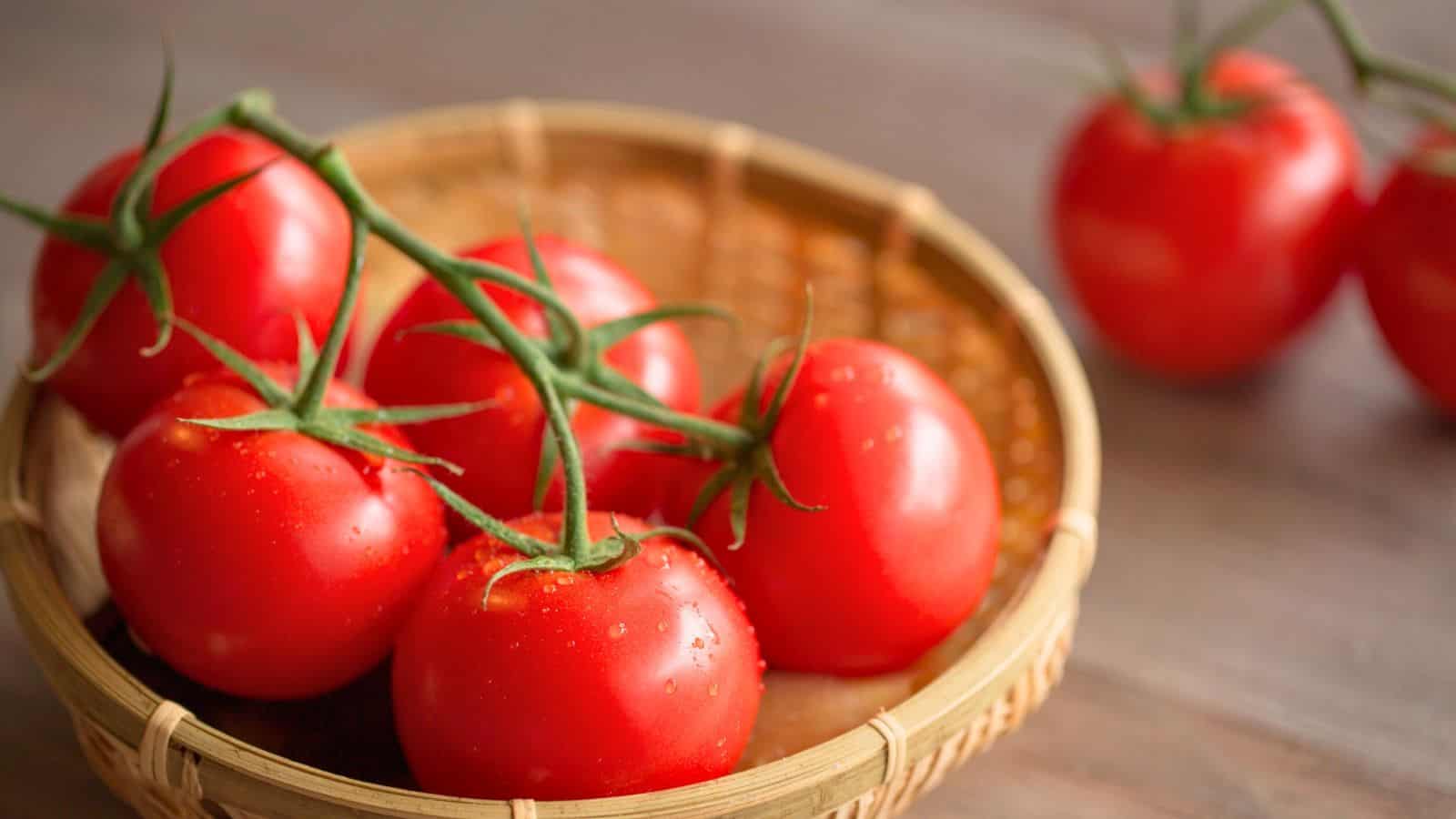 A wicker basket holds several bright red tomatoes still attached to their green vine. Additional tomatoes are blurred in the background on a wooden surface. The tomatoes appear fresh and ripe.