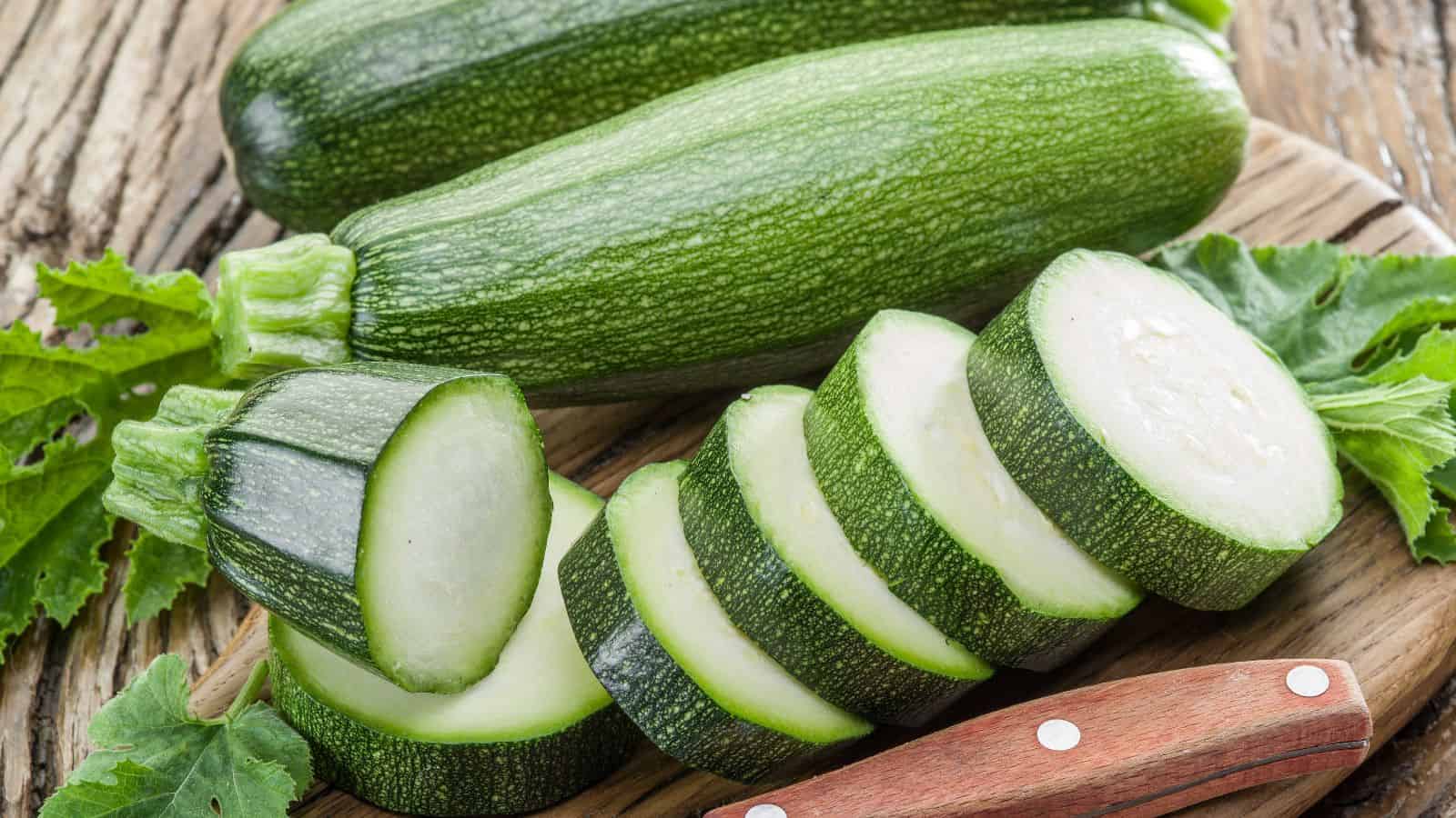 Two whole zucchinis and one sliced zucchini are on a wooden cutting board. A knife with a wooden handle is placed nearby. The background is wooden, and there are a few zucchini leaves around the vegetables.