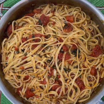 A stainless steel pan contains cooked linguine pasta, lovingly mixed with diced tomatoes and herbs—a nod to Italian recipes. The pan is placed on a green and red checkered cloth, embodying the essence of simple recipes in every bite.