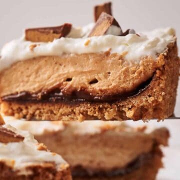 A slice of Reese's pie sits on a cake slice, ready to be served.