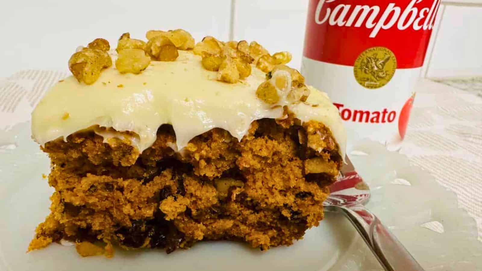 A piece of cake is sitting on a plate next to a can of soup.