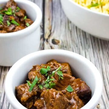 Hungarian Goulash in two white bowls.