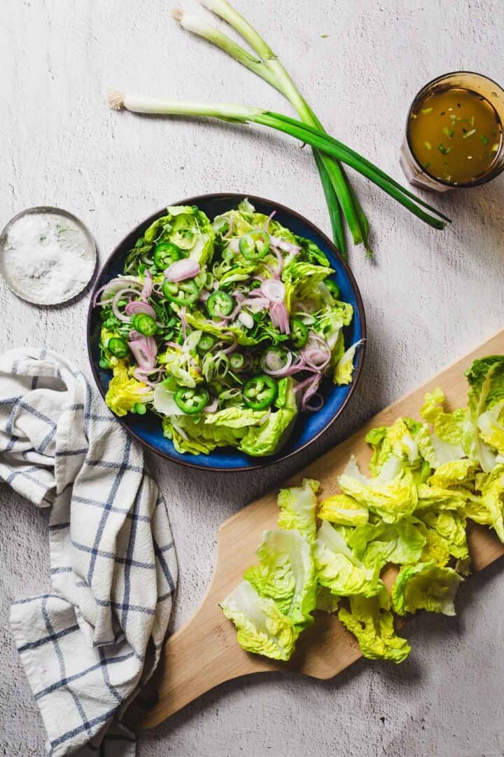 A blue bowl of salad with lettuce, sliced onions, and jalapeños sits on a table. Nearby are green onions, a small bowl of salt, and a glass with dressing. A wooden board holds lettuce leaves, and a checkered cloth lies on the surface.