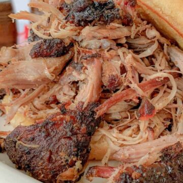 A plate of pulled pork piled on a bun is displayed. The pork is brown with crispy edges, and set on a white plate. In the background, there's a hint of coleslaw and a bottle. A red and white napkin is partially visible.