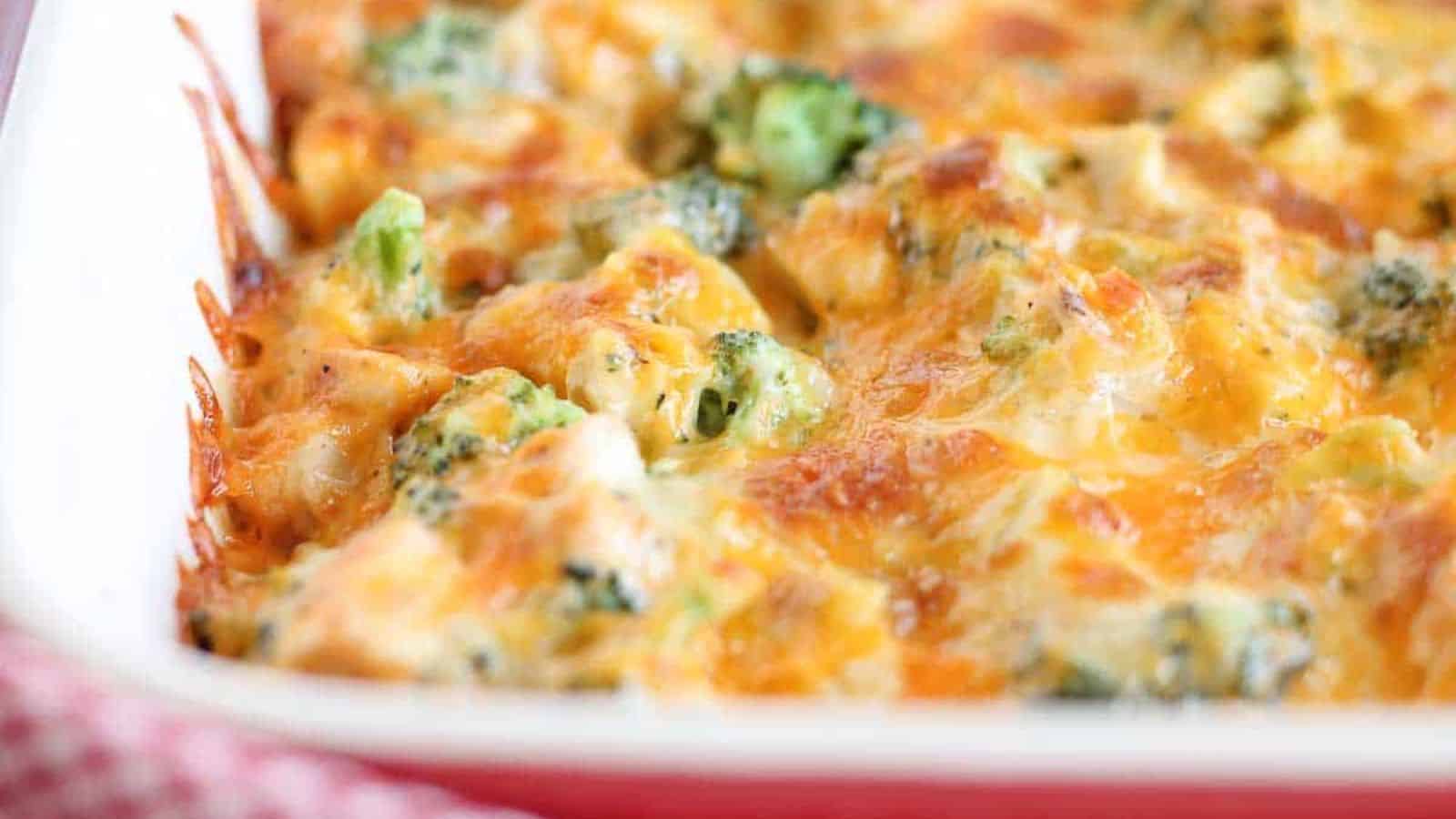 A chicken broccoli bake in a casserole dish.