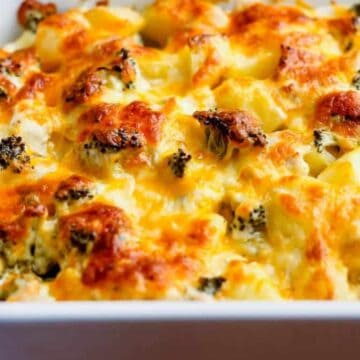 A chicken broccoli potato casserole in a baking dish.