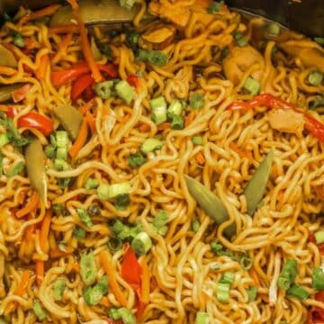 A close-up of cooked noodles mixed with vibrant vegetables like bell peppers and green onions, served in a bowl. This delicious recipe is well-seasoned and colorful, highlighting a variety of textures and flavors that are sure to impress your wallet.