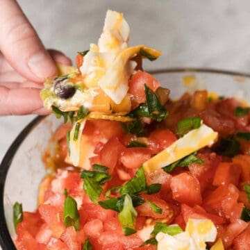A hand holding a chip covered with toppings is above a bowl filled with diced tomatoes, chopped green onions, and melted cheese. The chip is also topped with olives and a bit of the same ingredients from the bowl.