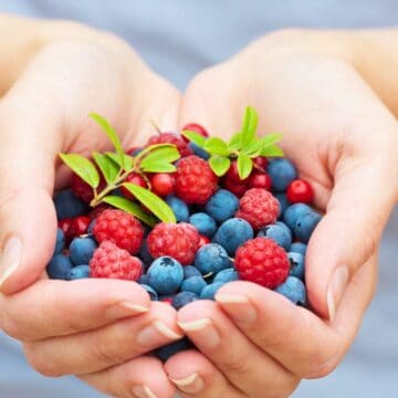 Hands are holding a variety of fresh berries, including raspberries, blueberries, and red currants, with some green leaves scattered among them. The berries are vibrant and colorful, contrasting with the neutral background.