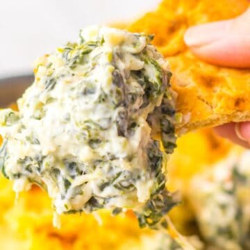 A hand holding a piece of bread dipped into a creamy spinach and cheese mixture. The dish is thick and textured. A portion of the tray with the dip is visible in the background.