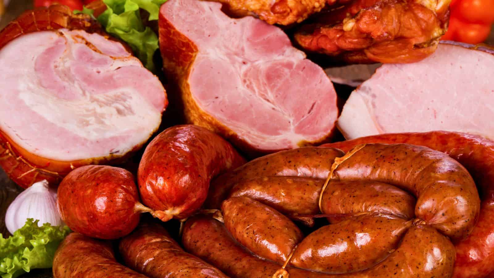 A variety of cured meats are displayed, including sausages, slices of ham, and smoked meat. The assortment is arranged on a platter, surrounded by lettuce leaves and a garlic bulb.