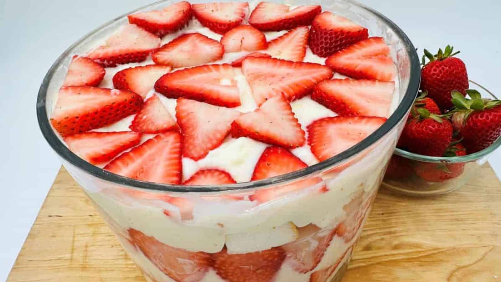 A bowl of strawberry trifle on a wooden surface.