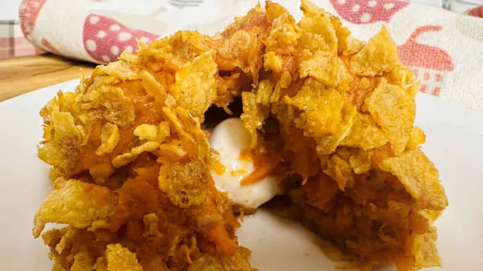 A crispy fried onion flower with a golden brown crust sits on a white plate. The center is filled with creamy dipping sauce. A patterned cloth with red and white designs is in the background.