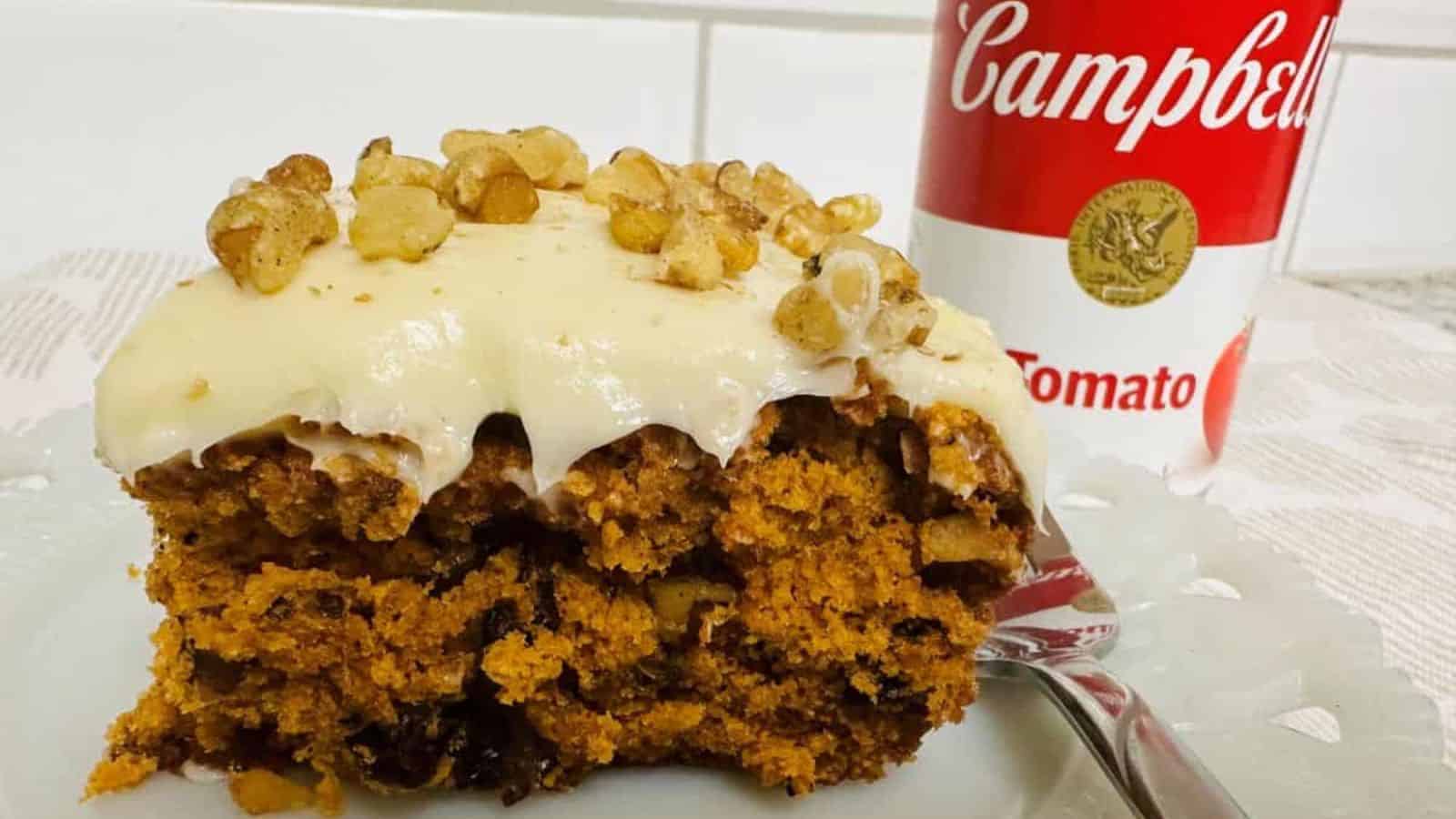 A slice of carrot cake topped with cream cheese frosting and walnuts sits on a plate with a fork, showcasing one of those timeless recipes. Nearby, a can of Campbell's Tomato Soup complements this raving delight.