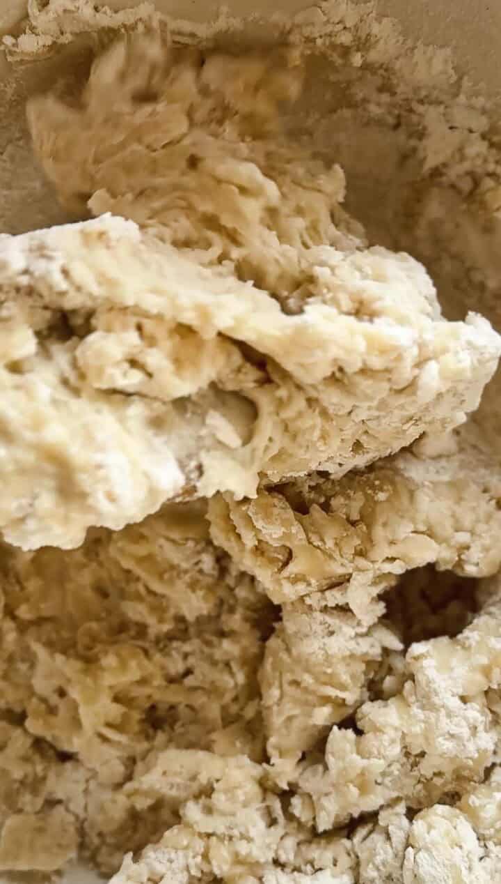 A close-up of a mixture of flour and other baking ingredients combines in a bowl, resembling the early stages of Argentinian empanada dough. The texture appears thick and lumpy, capturing the rough, uneven consistency typical of this traditional pastry's initial formation.