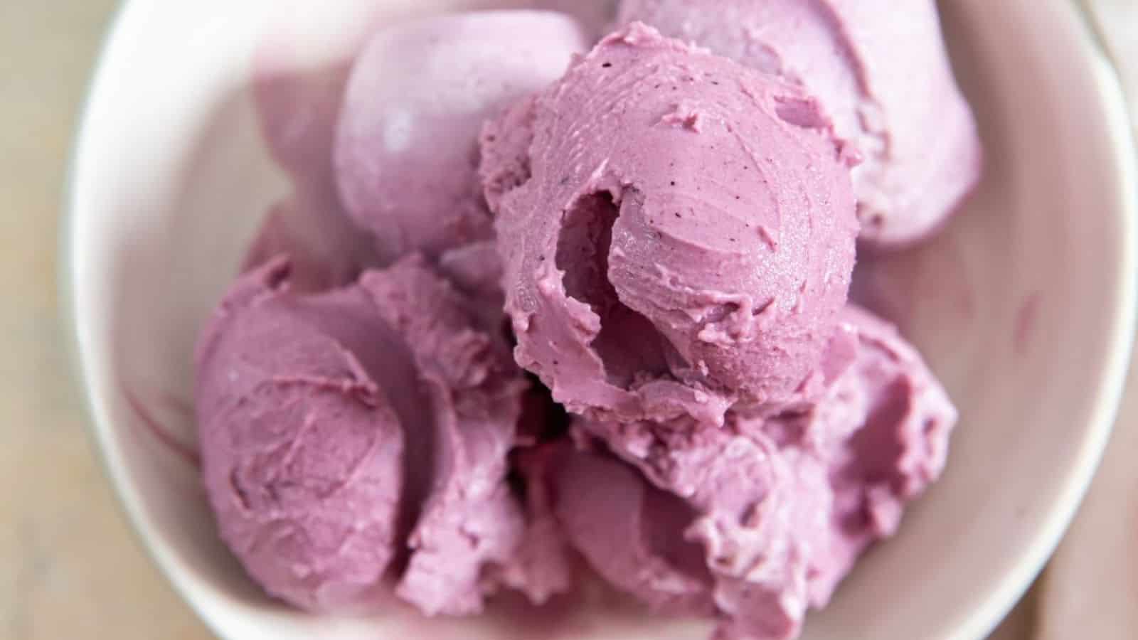 Bluberry Frozen Yogurt in a white bowl with an ice cream scoop.