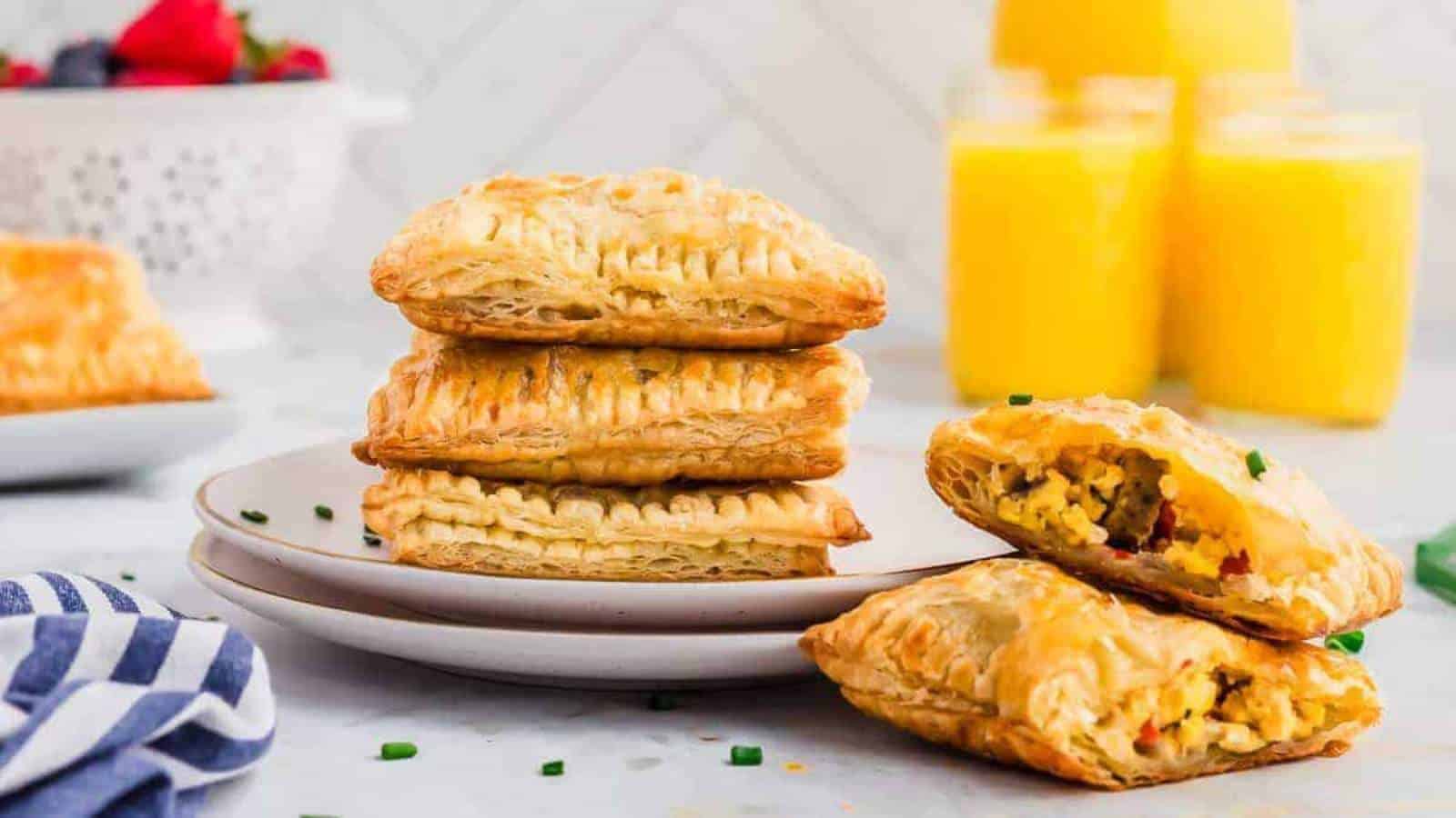 A stack of flaky pastries filled with scrambled ingredients is on a white plate. Two pastries reveal their filling. In the background, there are two glasses of orange juice and fresh berries in a white bowl. A striped cloth is nearby.