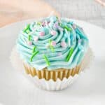 A gluten-free vanilla cupcake with blue frosting and assorted pastel sprinkles sits on a white plate. The frosting is swirled on top, while sprinkles of various shapes and colors, including pink, green, and purple, adorn this delightful treat.