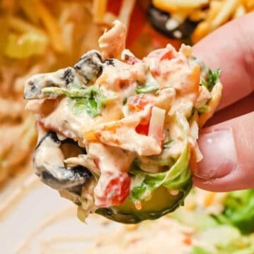 A hand holds a loaded chip topped with a mixture of diced tomatoes, olives, shredded cheese, lettuce, and creamy dip. The background shows a partially eaten tray of the same chip dip mixture.