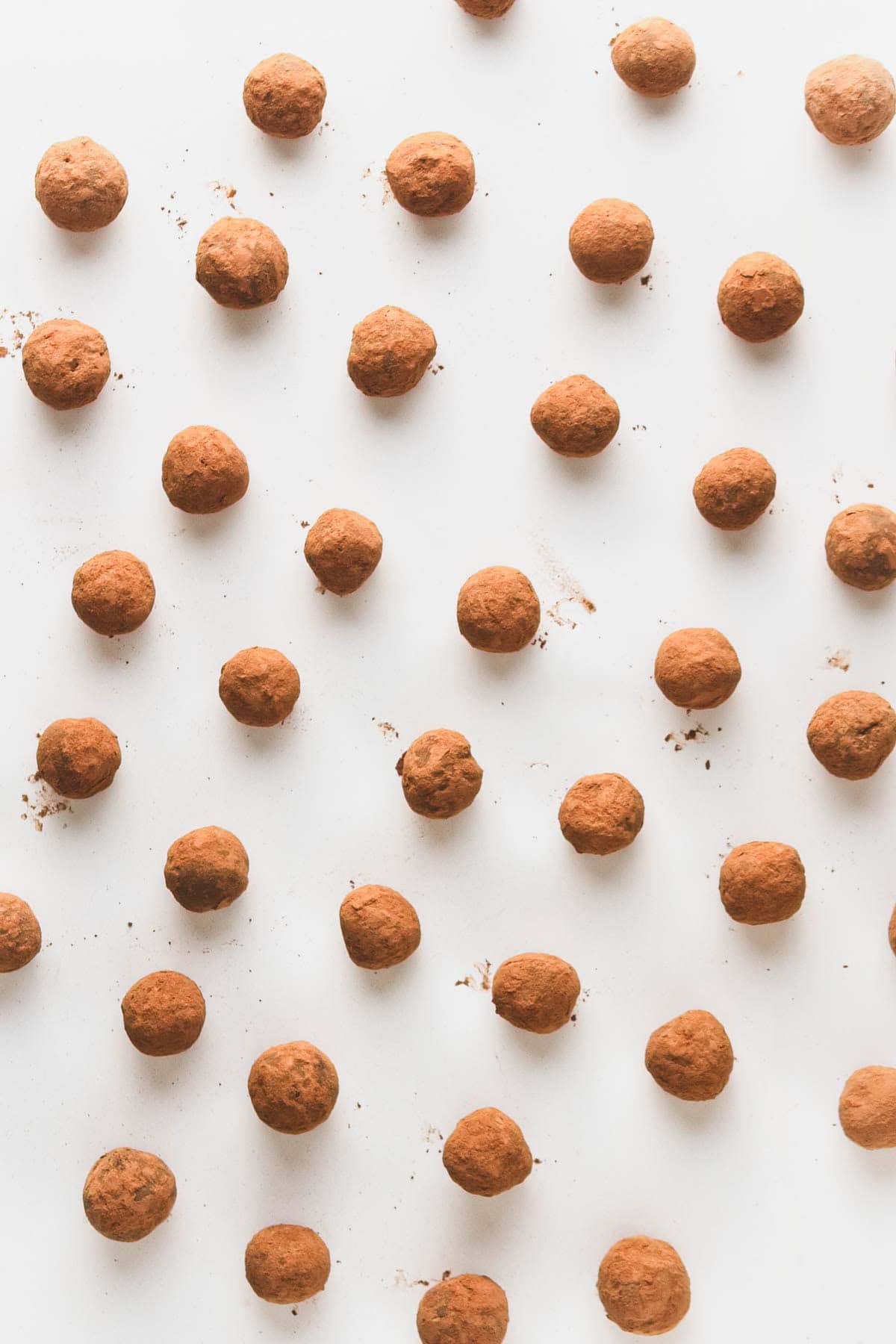 A grid arrangement of vegan chocolate truffles with blueberries dusted with cocoa powder on a white background. The truffles are evenly spaced, with some cocoa powder scattered around them.