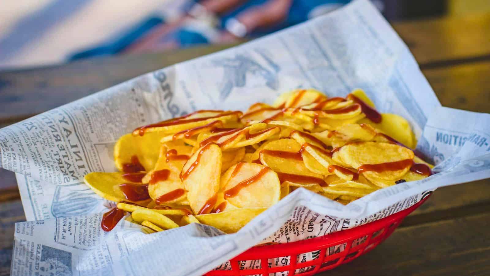 A red basket filled with potato chips drizzled with a reddish sauce is placed on a wooden surface. The basket is lined with newspaper-style paper. A blurred background shows parts of a person's arms and legs.