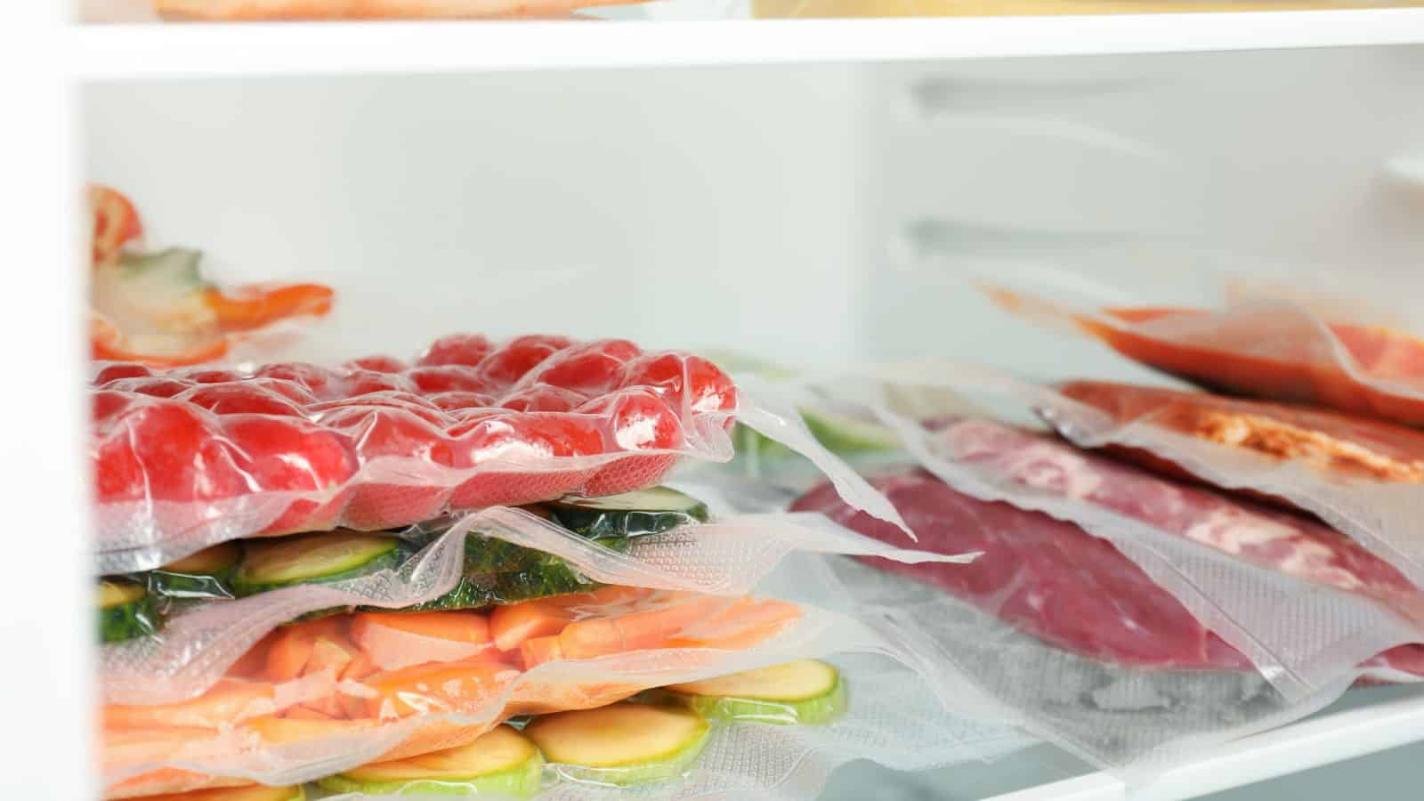 Vacuum-sealed bags containing various foods, including strawberries and sliced vegetables, are stacked inside a refrigerator. The bags are arranged in neat piles, showcasing red, orange, and green hues.