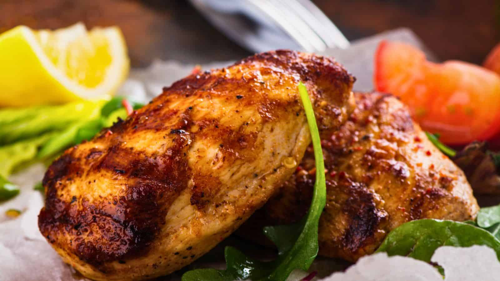 Grilled chicken breast pieces with a golden crust are placed on a bed of mixed greens, including arugula. A lemon wedge and sliced tomato are in the background, adding color and freshness to the dish.