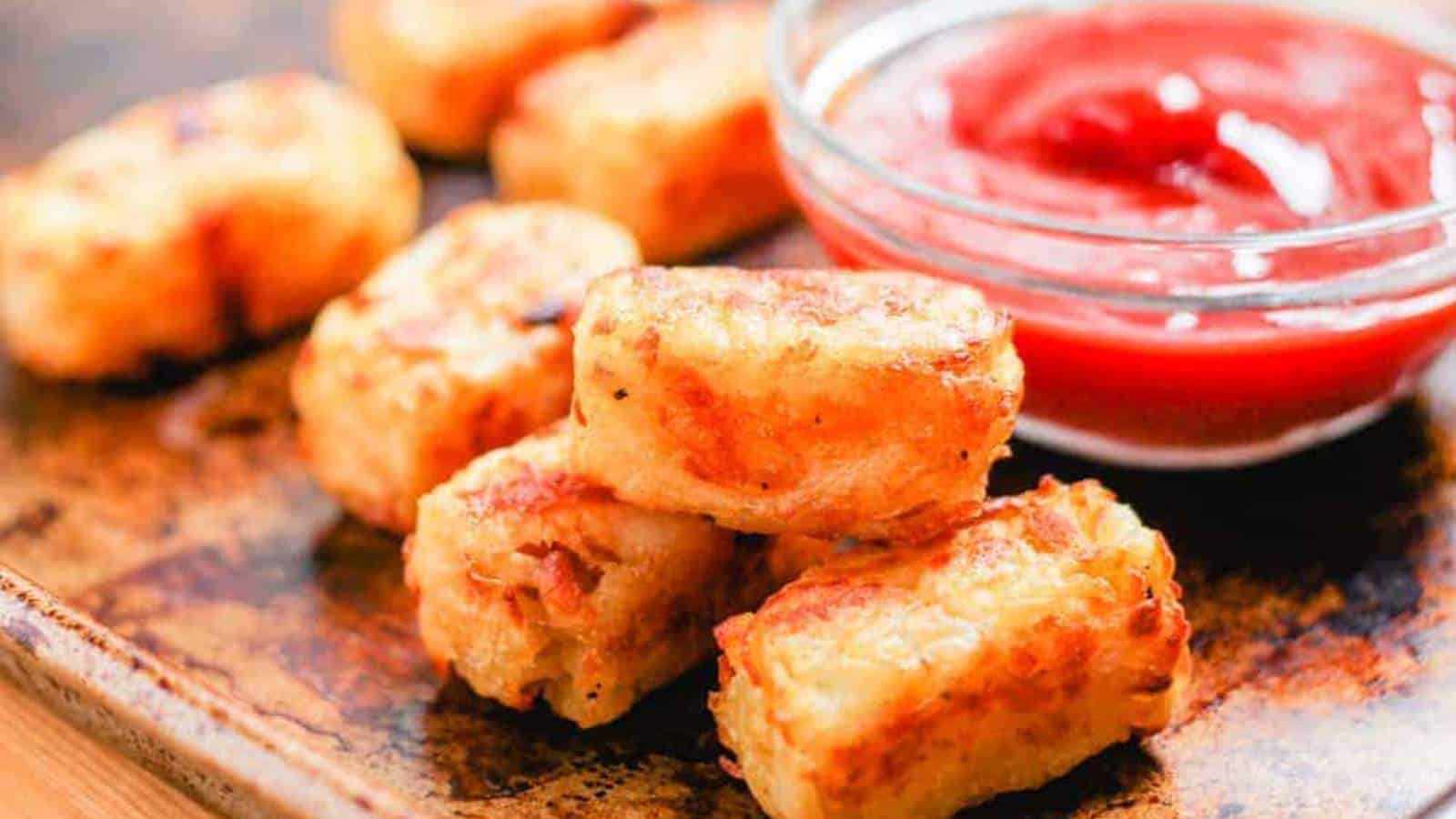 A close-up of a wooden tray showcases crispy, golden-brown tater tots stacked in the foreground, perfect homemade snacks for kids. In the background, a small glass bowl brims with vibrant red ketchup.