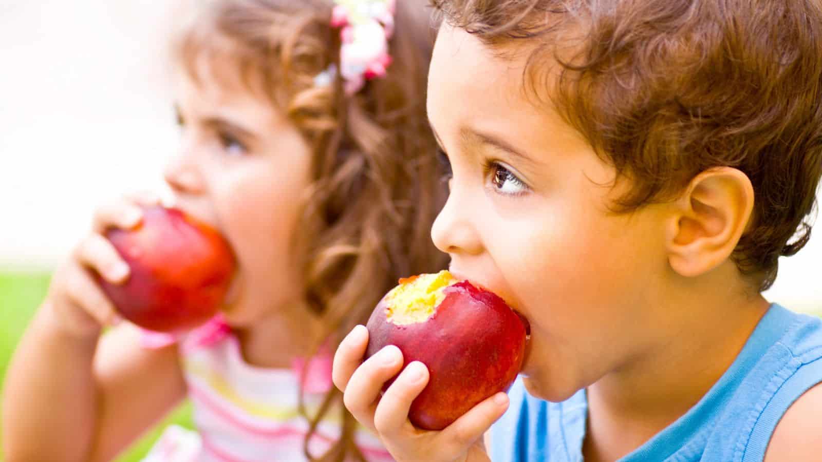 Two young children are eating red apples outdoors. The child on the right is wearing a blue shirt, and the child on the left is wearing a striped shirt with a floral hair accessory. The background is blurred greenery.