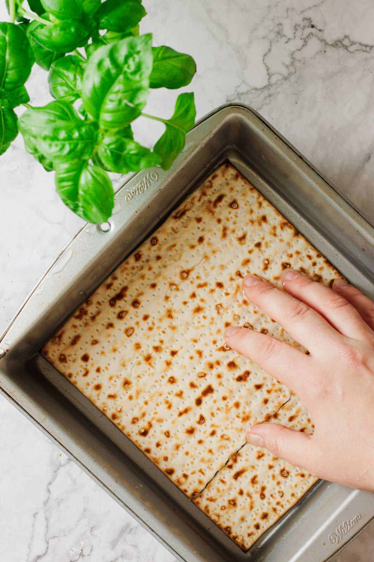 A hand carefully layers sheets of matzo into a square metal baking pan, crafting a delightful matzo lasagna on the cool marble surface. A vibrant green basil plant peeks from the top left corner, hinting at the fresh ingredients in this unique recipe.