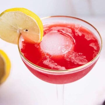 A cocktail glass filled with a red drink features a large circular ice cube. A lemon slice is perched on the rim. Another half lemon and a cherry are visible in the background on a white surface.
