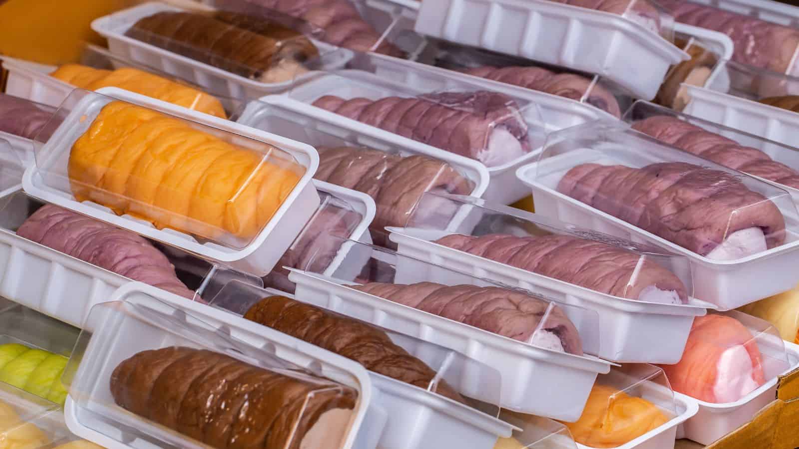 Plastic trays containing various colors of rolled fabric, resembling sausages, are stacked closely together. The fabric is encased in clear plastic covers, and the trays are arranged at different angles.