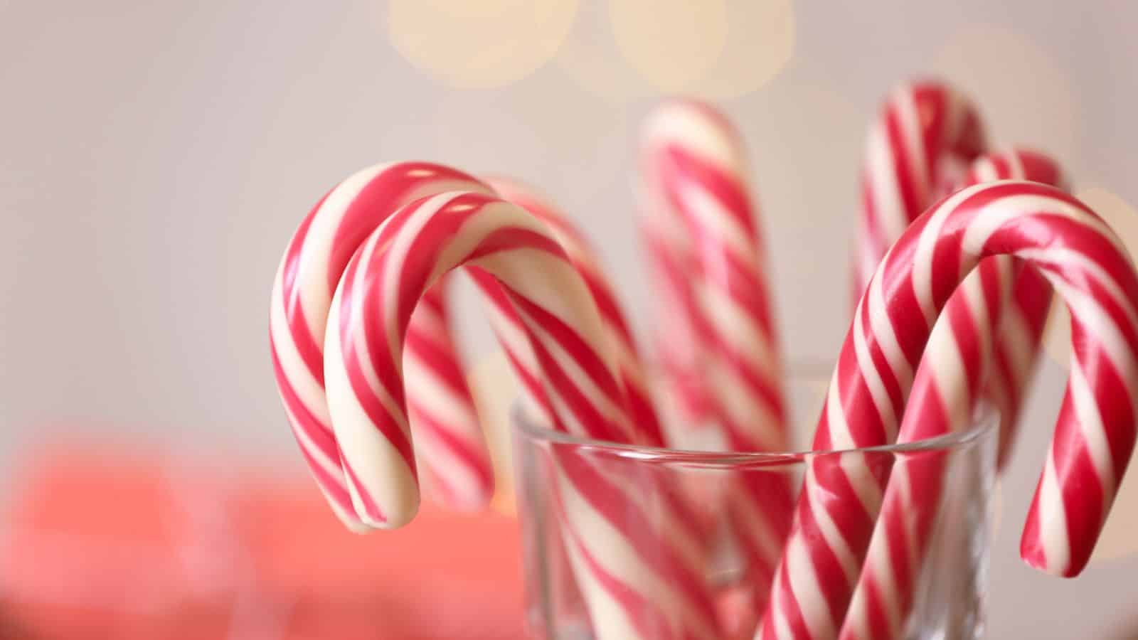 A glass holds several red and white striped candy canes with curved tops. The background is softly blurred with some warm lights visible, emphasizing the festive theme.