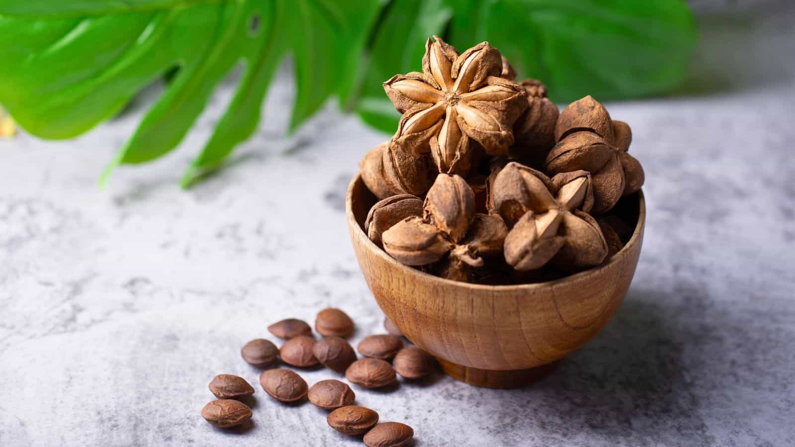 A wooden bowl filled with star-shaped dried nuts sits on a textured gray surface. Several loose nuts are scattered in front of the bowl. Large green leaves are blurred in the background.