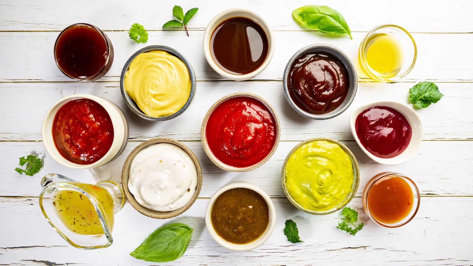 A selection of various sauces and condiments in small bowls on a white wooden surface. Includes mustard, ketchup, barbecue sauce, and others, with herbs and a small glass of olive oil scattered around.