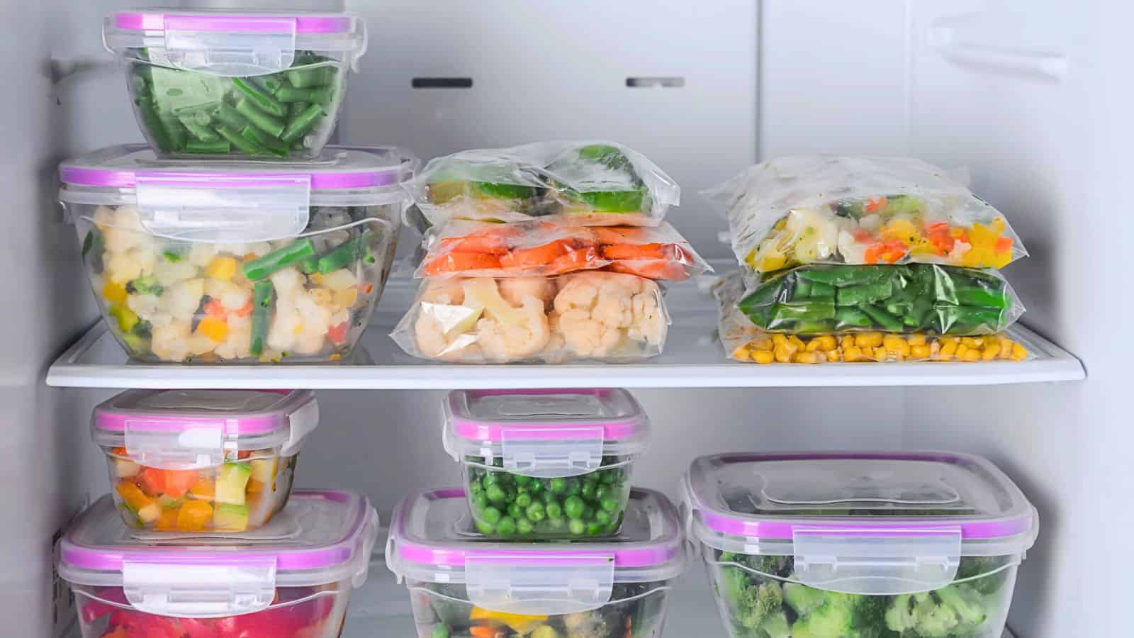 A refrigerator shelf is filled with various vegetables stored in airtight containers and plastic bags. Visible vegetables include green beans, mixed vegetables, cauliflower, and corn, all organized neatly.