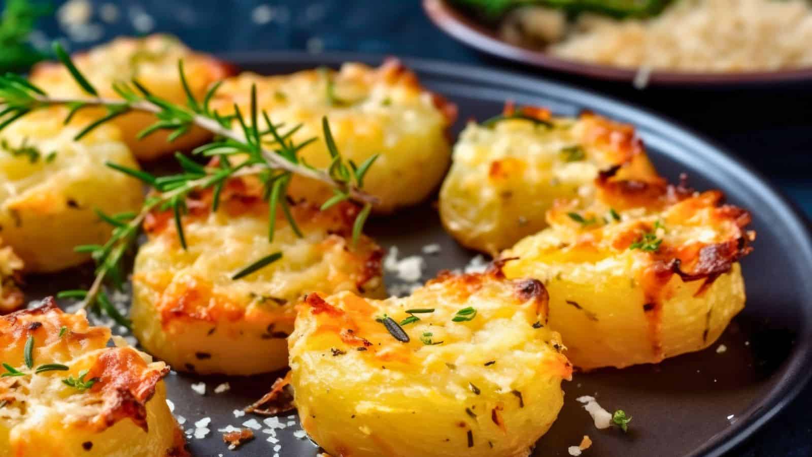 Close-up of a plate with baked potato rounds topped with melted cheese and sprinkled with rosemary and herbs. Some grated cheese and a rosemary sprig are scattered on the plate. A blurred background shows more food on a separate dish.