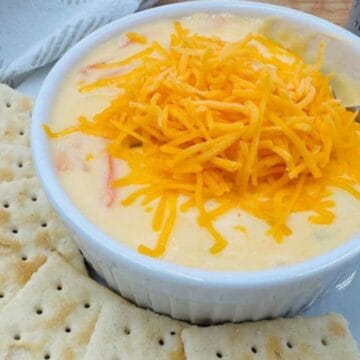 A white ramekin filled with creamy soup or dip, topped with shredded cheddar cheese, is surrounded by saltine crackers on a white plate. Perfect for family meals, a spoon rests in the ramekin and a striped napkin is nearby.