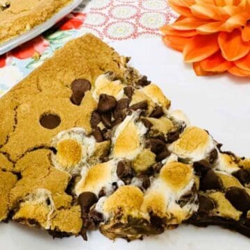 A large cookie slice on a white plate sits atop a colorful patterned cloth. The cookie is topped with toasted marshmallows and chocolate chips. An orange flower decorates the background.