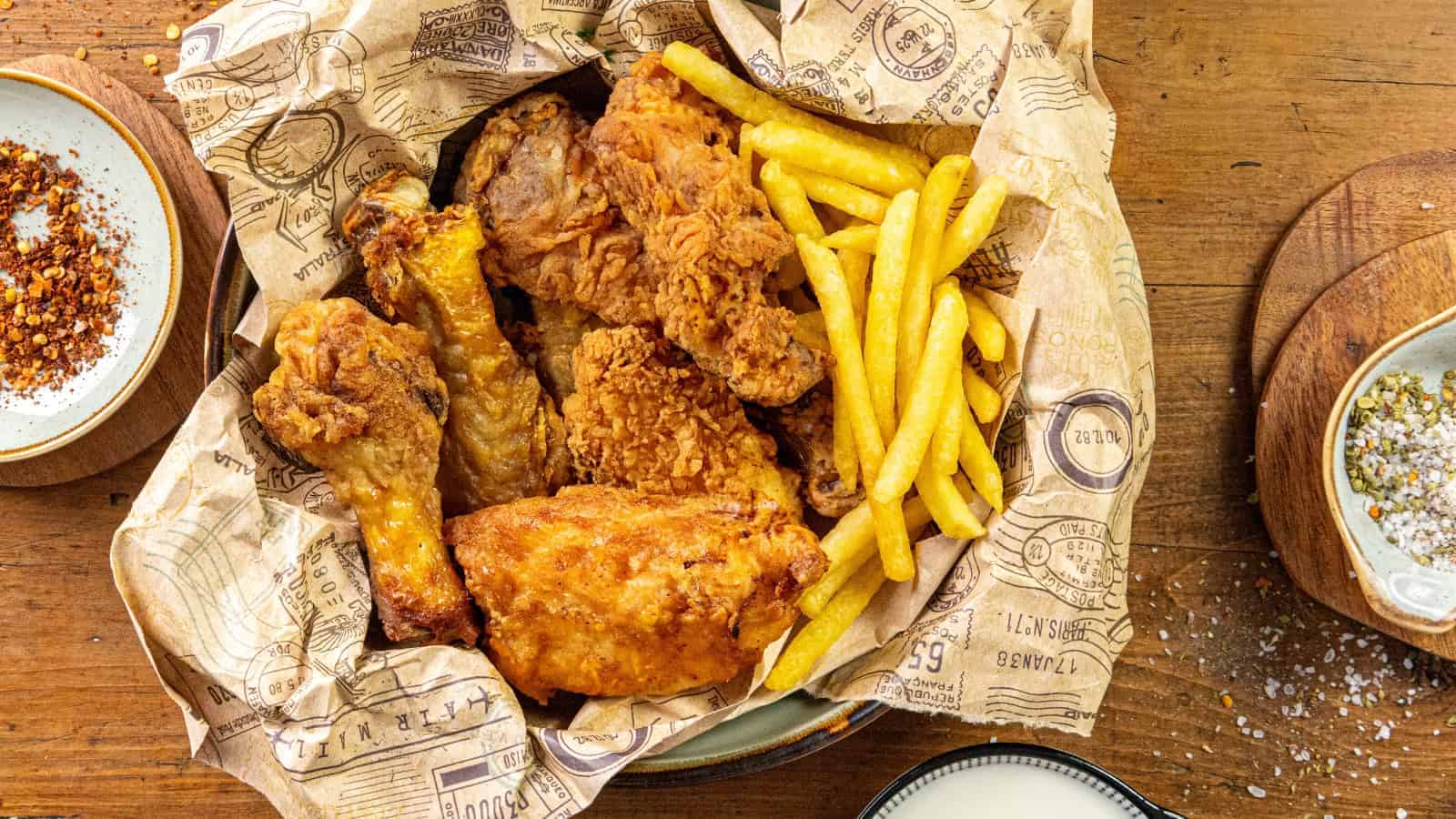 A basket of fried chicken pieces and fries on newspaper-themed paper, placed on a wooden table with a side of seasonings.