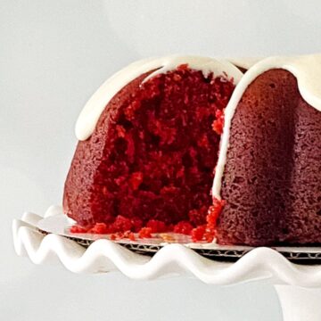 Red velvet bundt cake with cream cheese frosting.