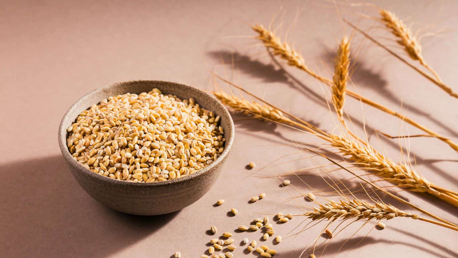 A bowl filled with uncooked barley grains is placed on a brown surface. Several barley stalks lie beside the bowl. A few grains are scattered around, casting shadows in the soft lighting.